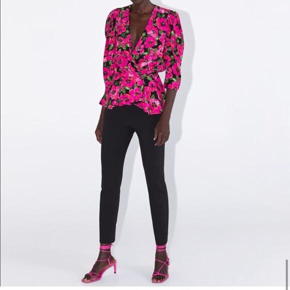 Zara Pink Floral Voluminous Printed Blouse Size Medium - Picture 7 of 8